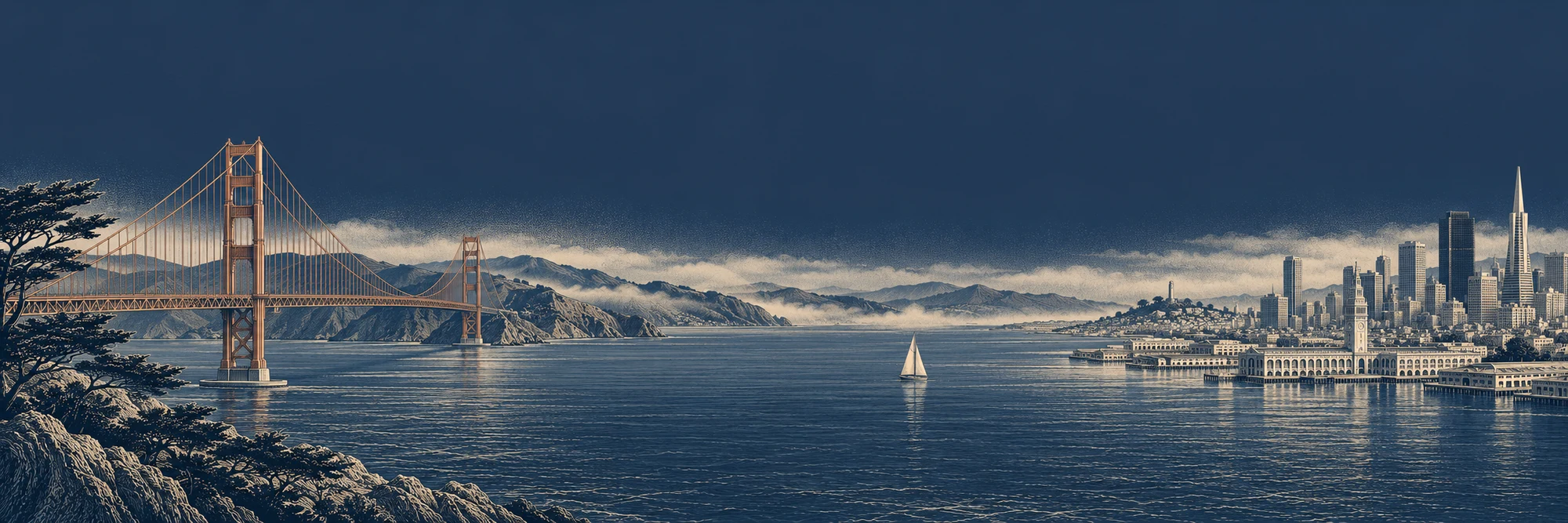Golden Gate Bridge, San Francisco skyline, and a sailboat on the bay, illustrated in navy and cool white.